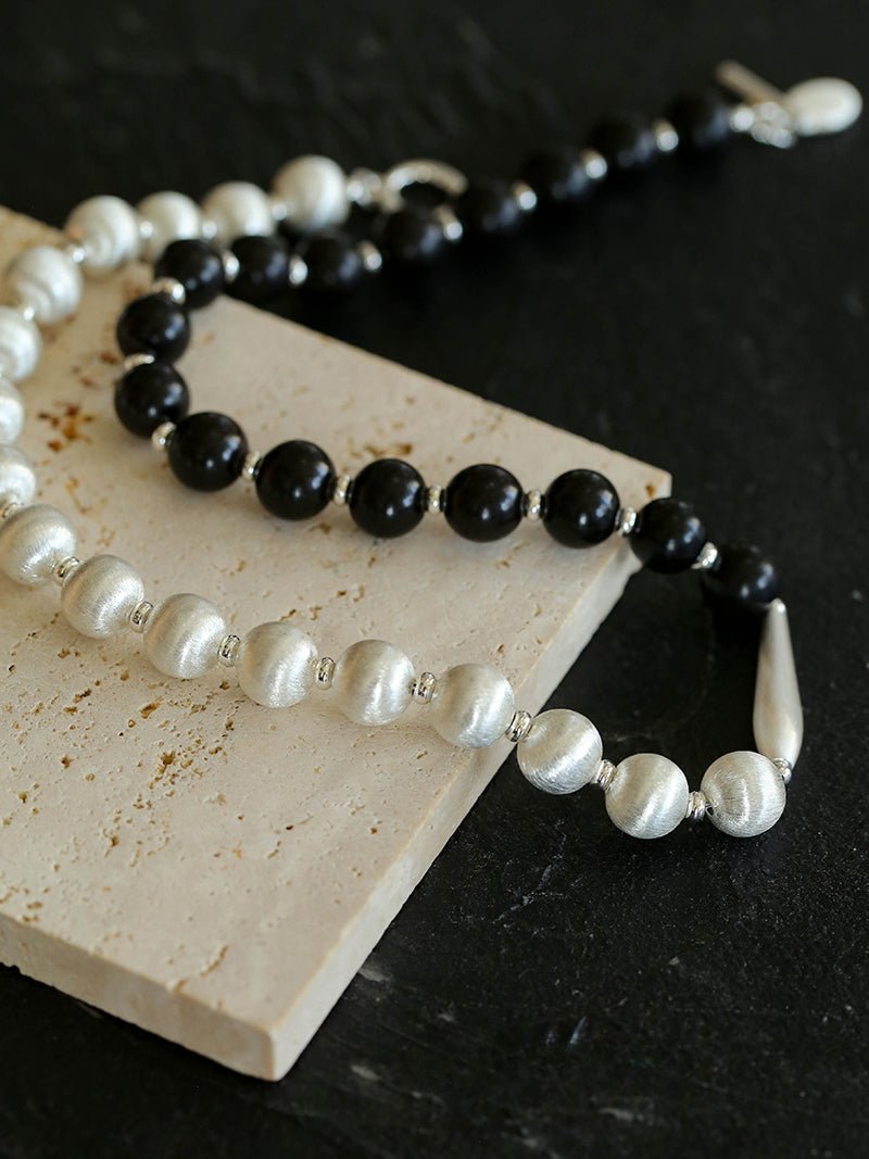 Brushed Bead & Ebony Wood Sphere Necklace - floysun