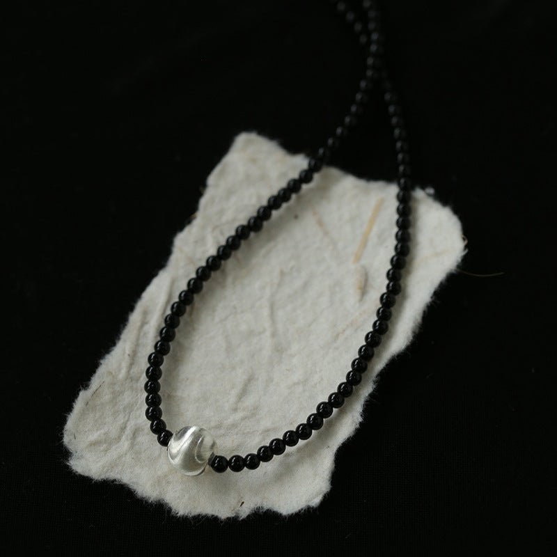 Brushed Silver and Black Onyx Beaded Necklace - floysun