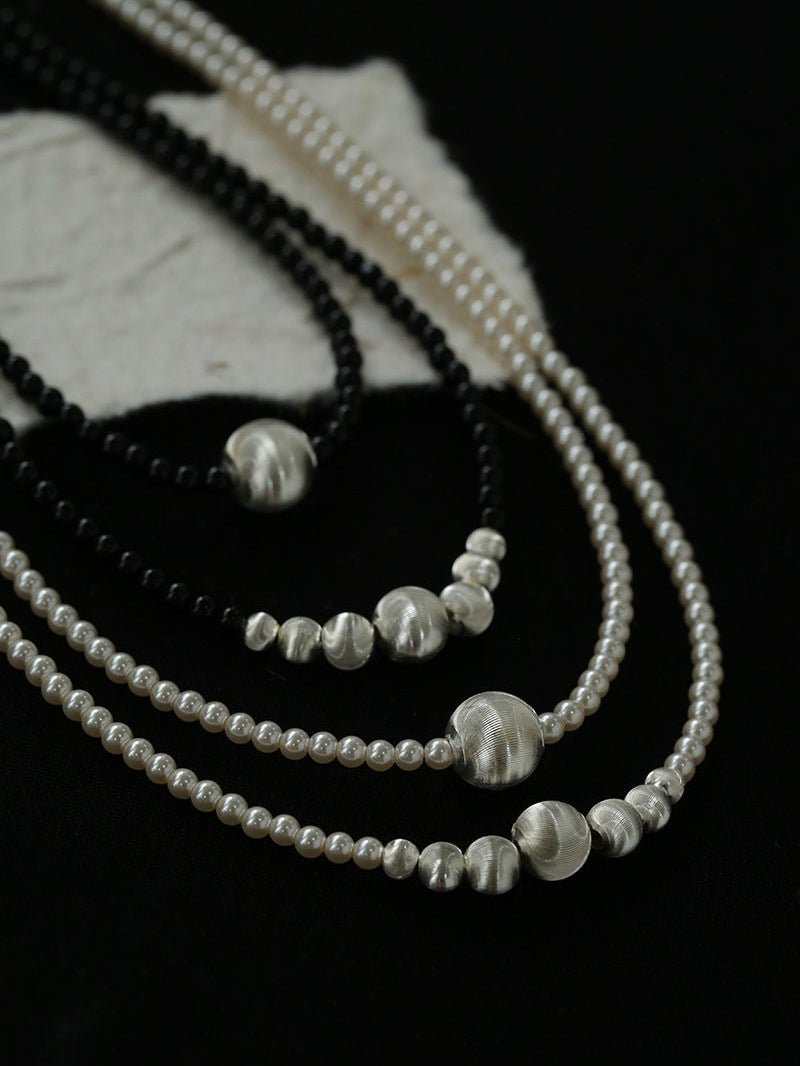 Brushed Silver and Black Onyx Beaded Necklace - floysun