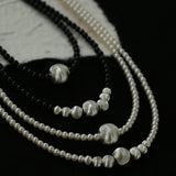 Brushed Silver and Black Onyx Beaded Necklace - floysun