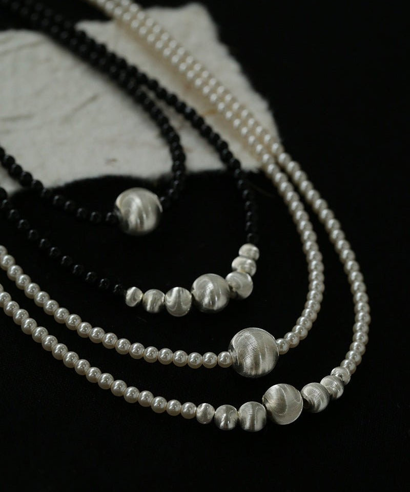 Brushed Silver and Black Onyx Beaded Necklace - floysun