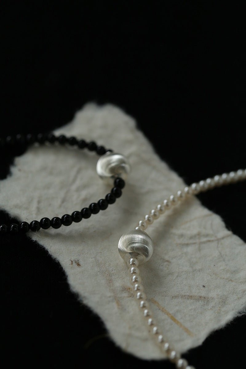 Brushed Silver and Black Onyx Beaded Necklace - floysun