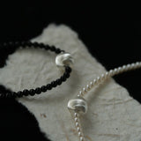 Brushed Silver and Black Onyx Beaded Necklace - floysun