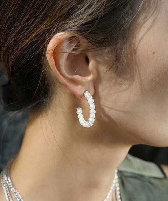 C - Shaped Elegant Pearl Beaded Huggie Earrings - floysun