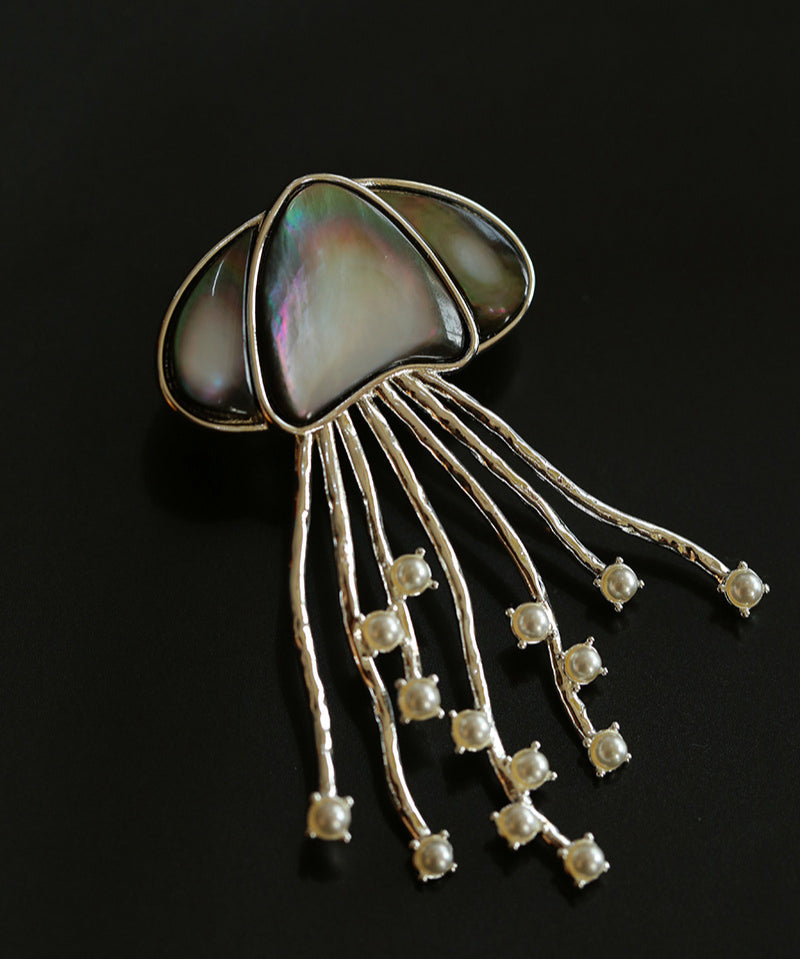 Gray & White Mother-of-pearl Glass Jellyfish Brooch