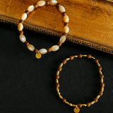 Sandwood Gold Bean Elastic Bead Bracelet Two-Piece Set