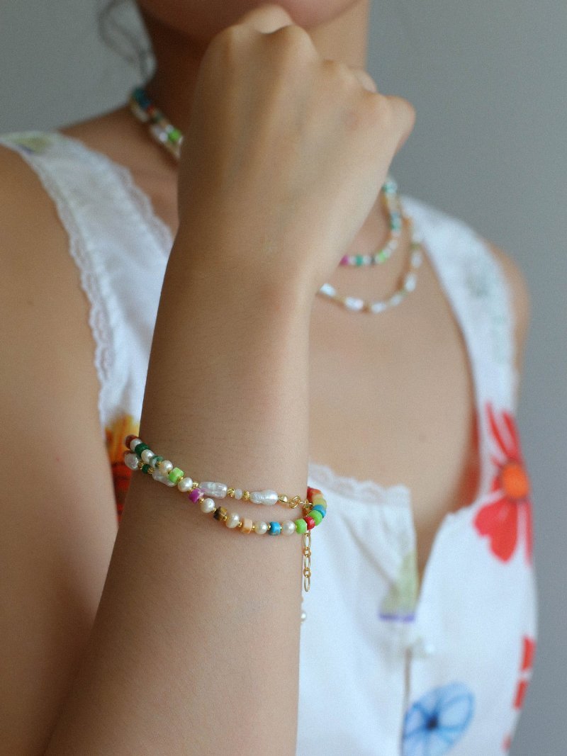 Candy - Colored Gemstone and Popcorn Pearl Beaded Bracelet - floysun