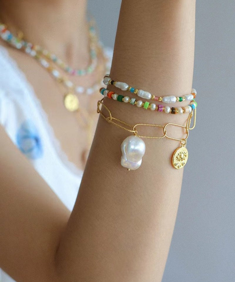 Candy - Colored Gemstone and Popcorn Pearl Beaded Bracelet - floysun