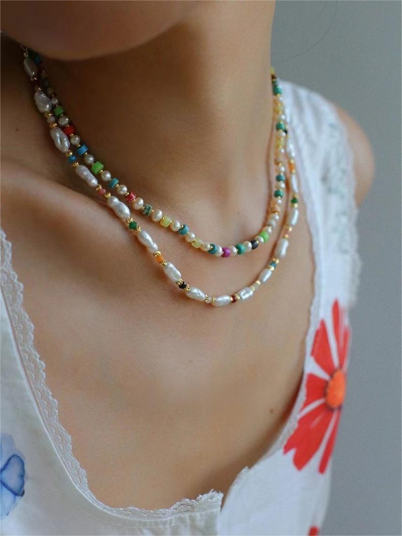 Candy - Colored Gemstone and Popcorn Pearl Beaded Necklace - floysun