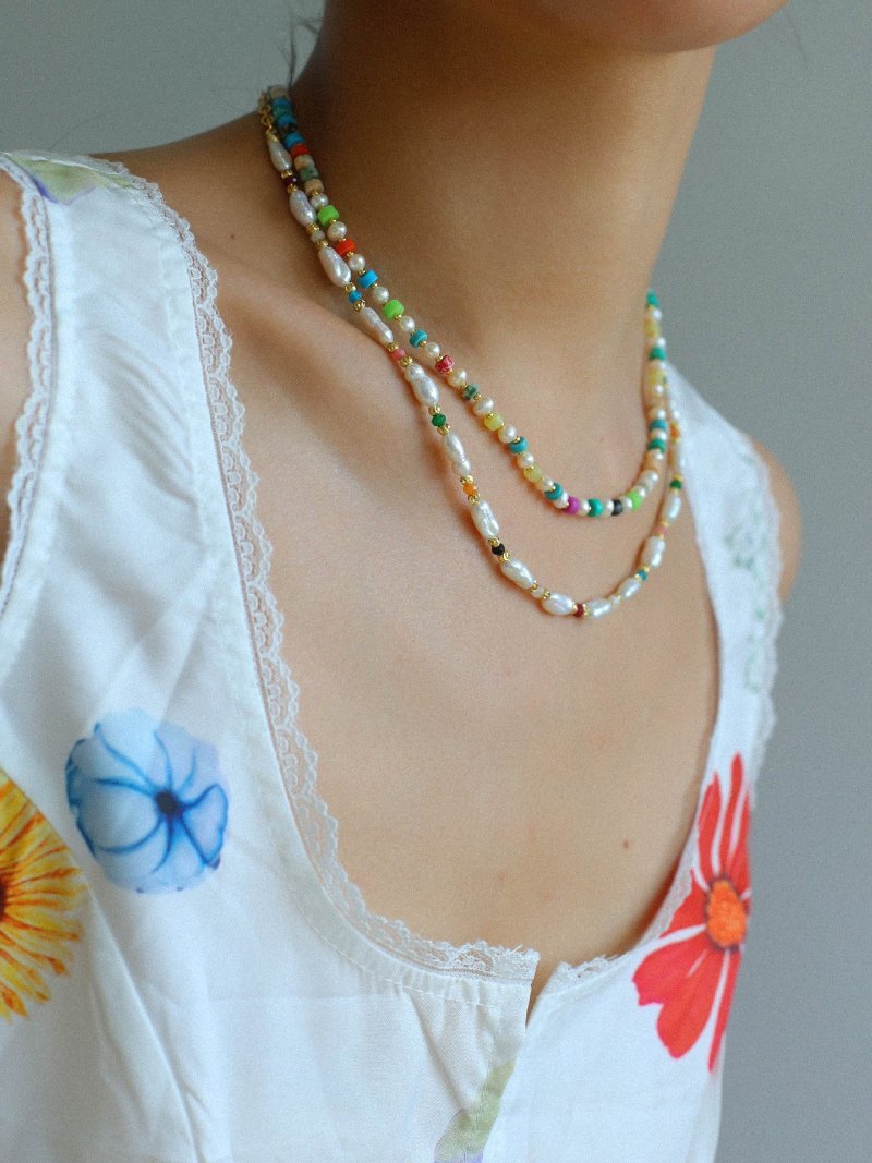 Candy - Colored Gemstone and Popcorn Pearl Beaded Necklace - floysun