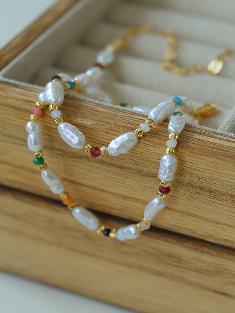 Candy - Colored Gemstone and Popcorn Pearl Beaded Necklace - floysun