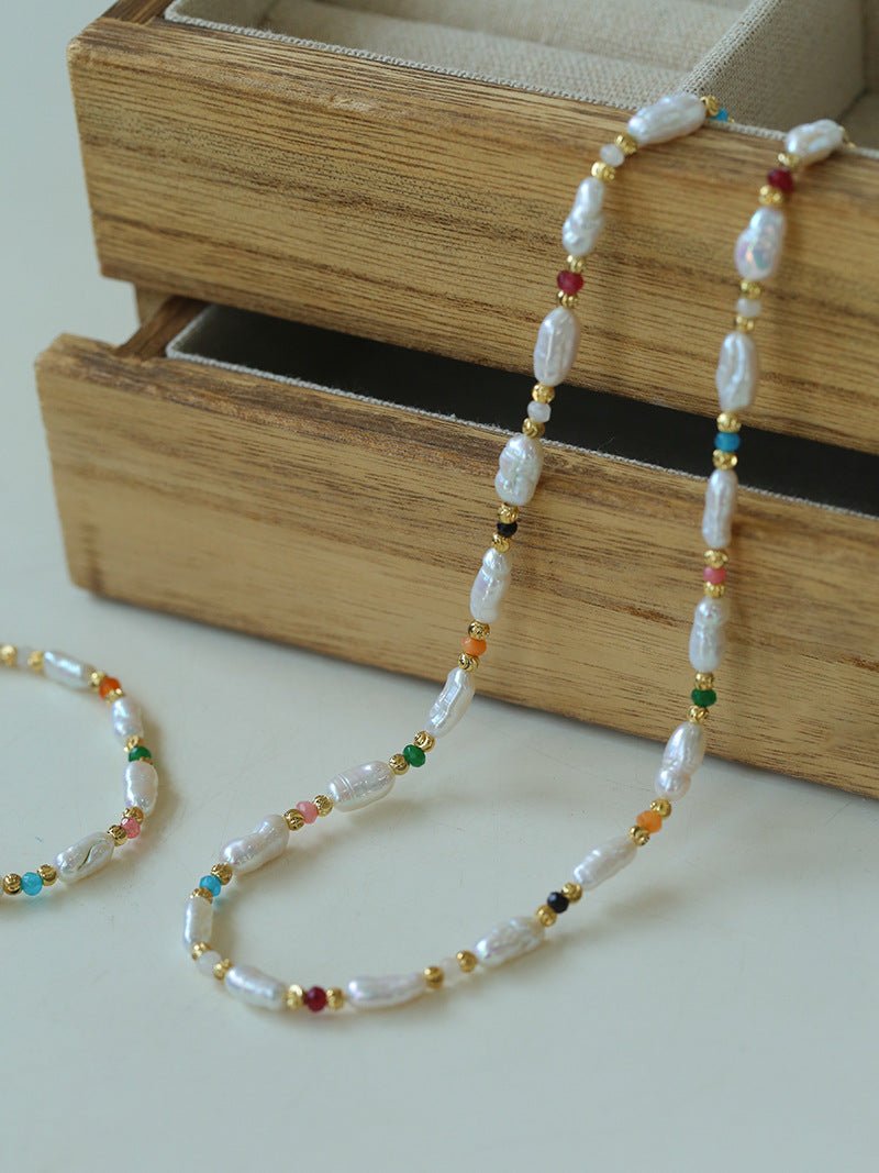 Candy - Colored Gemstone and Popcorn Pearl Beaded Necklace - floysun