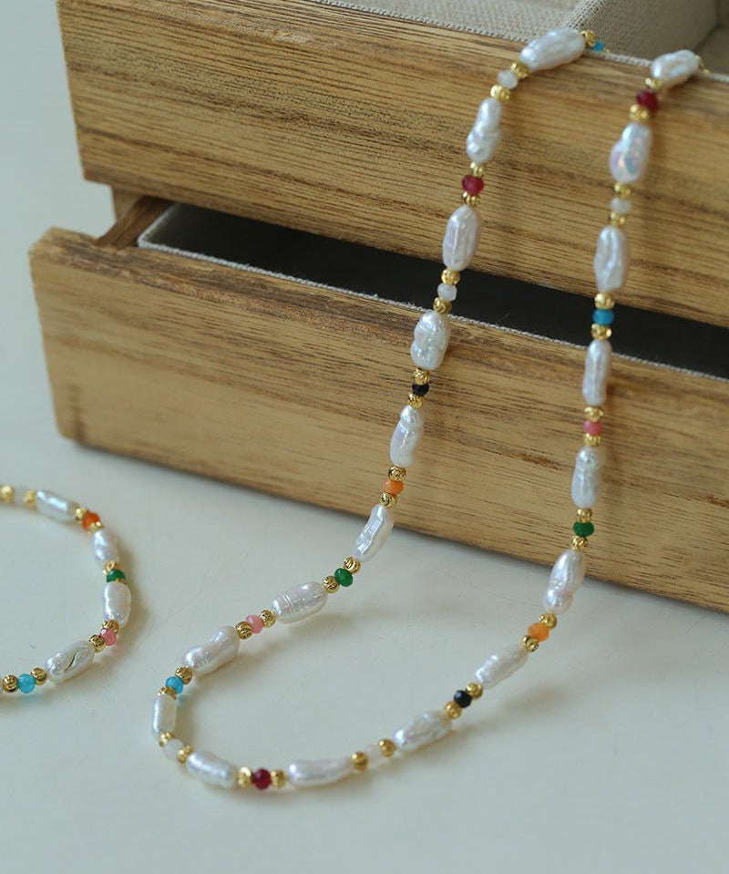 Candy - Colored Gemstone and Popcorn Pearl Beaded Necklace - floysun