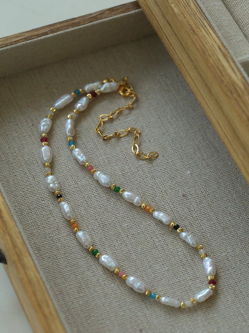 Candy - Colored Gemstone and Popcorn Pearl Beaded Necklace - floysun