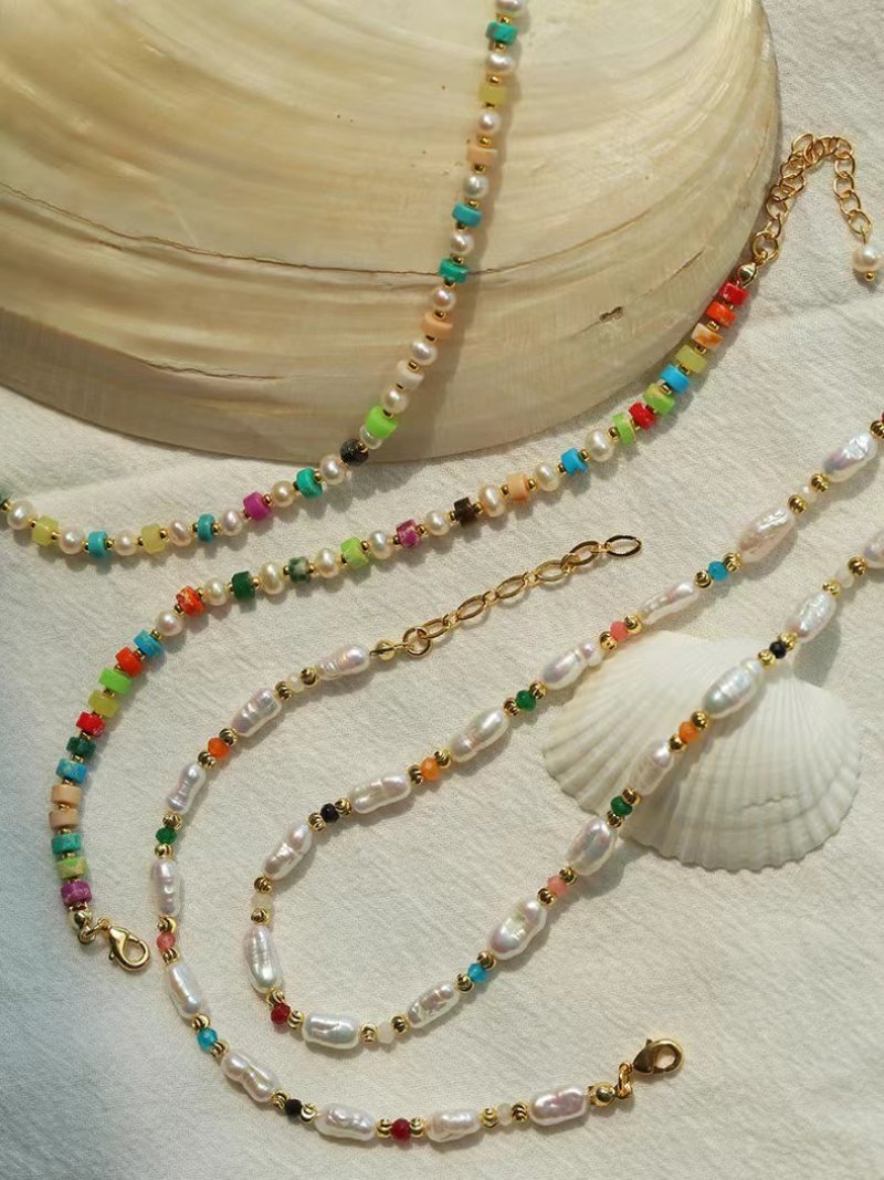 Candy - Colored Gemstone and Popcorn Pearl Beaded Necklace - floysun