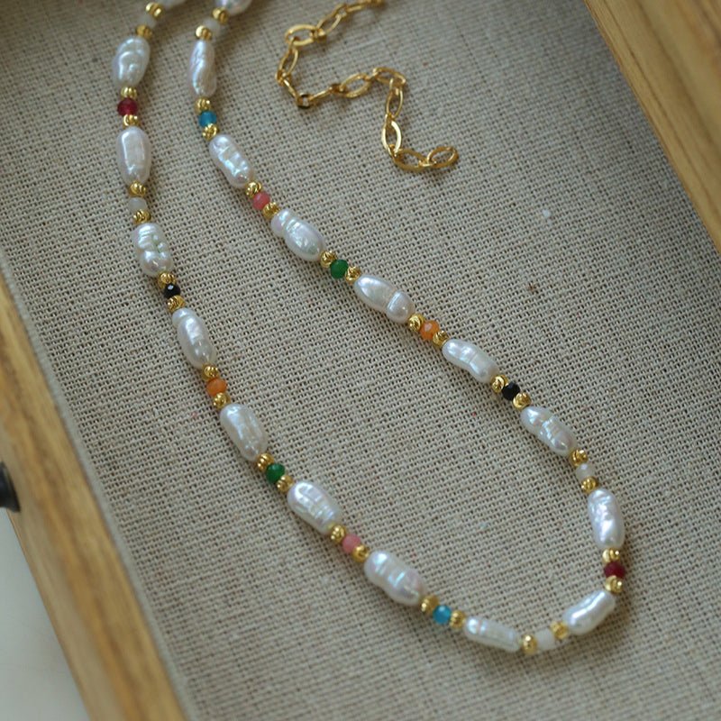 Candy - Colored Gemstone and Popcorn Pearl Beaded Necklace - floysun