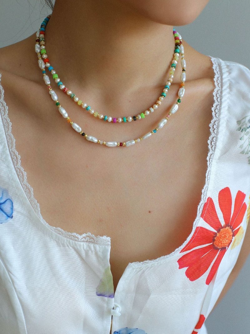 Candy - Colored Gemstone and Popcorn Pearl Beaded Necklace - floysun