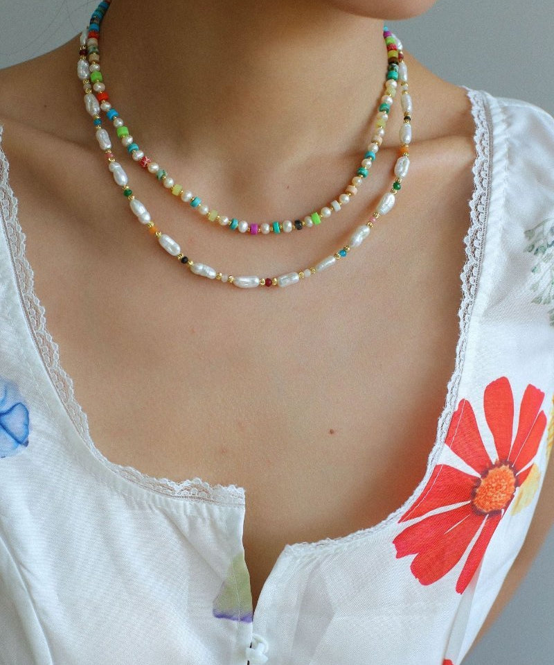 Candy - Colored Gemstone and Popcorn Pearl Beaded Necklace - floysun