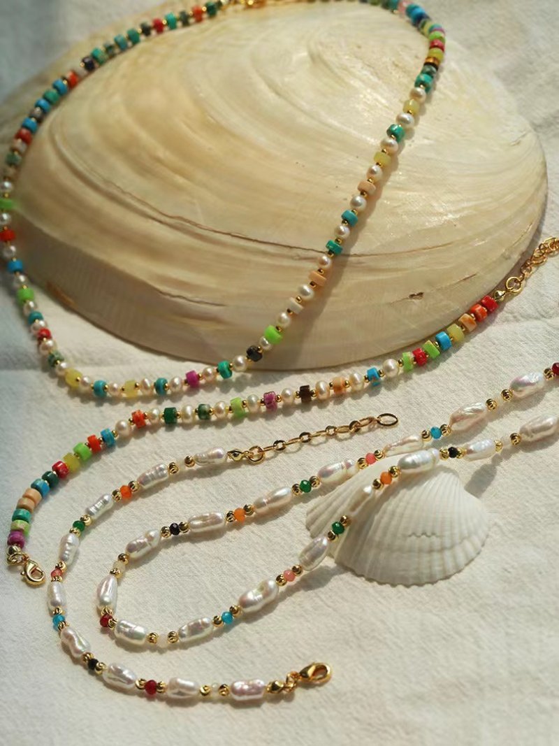 Candy - Colored Gemstone and Popcorn Pearl Beaded Necklace - floysun