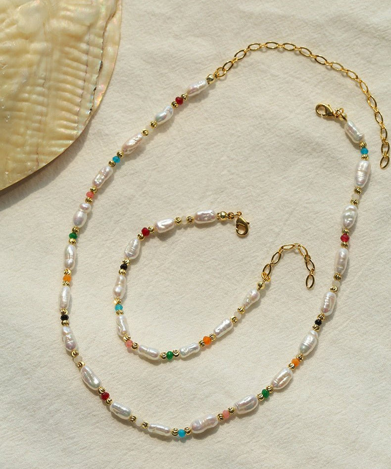 Candy - Colored Gemstone and Popcorn Pearl Beaded Necklace - floysun