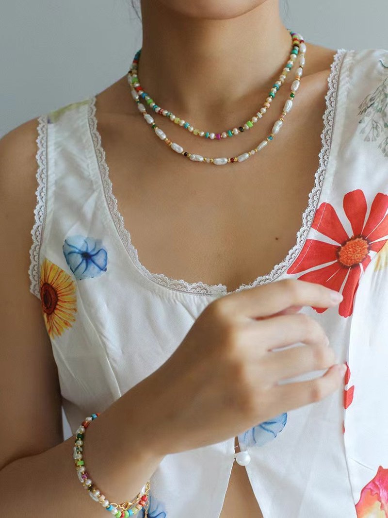 Candy - Colored Gemstone and Popcorn Pearl Beaded Necklace - floysun