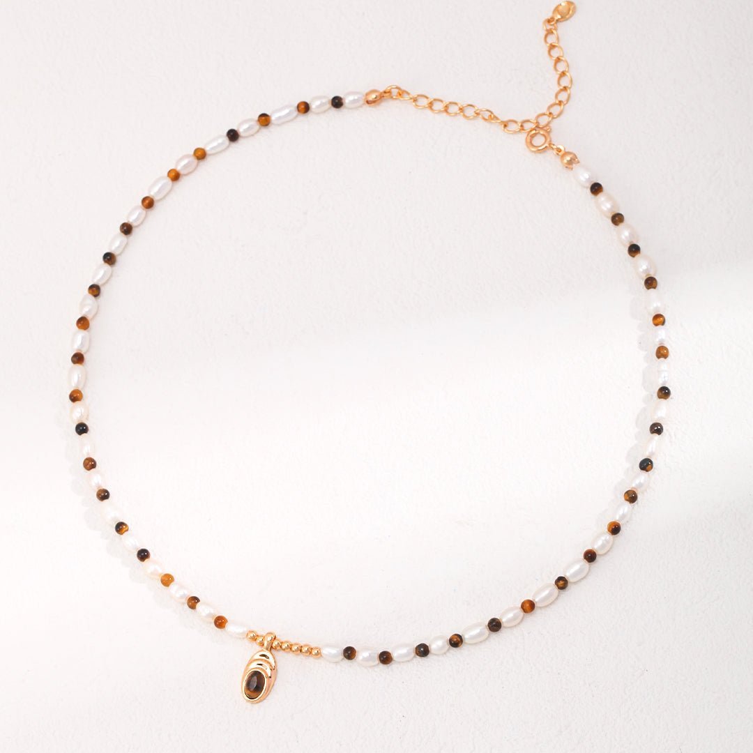 Caramel Chic: Tiger Eye Stone and Pearl Beaded Pendant Necklace - floysun