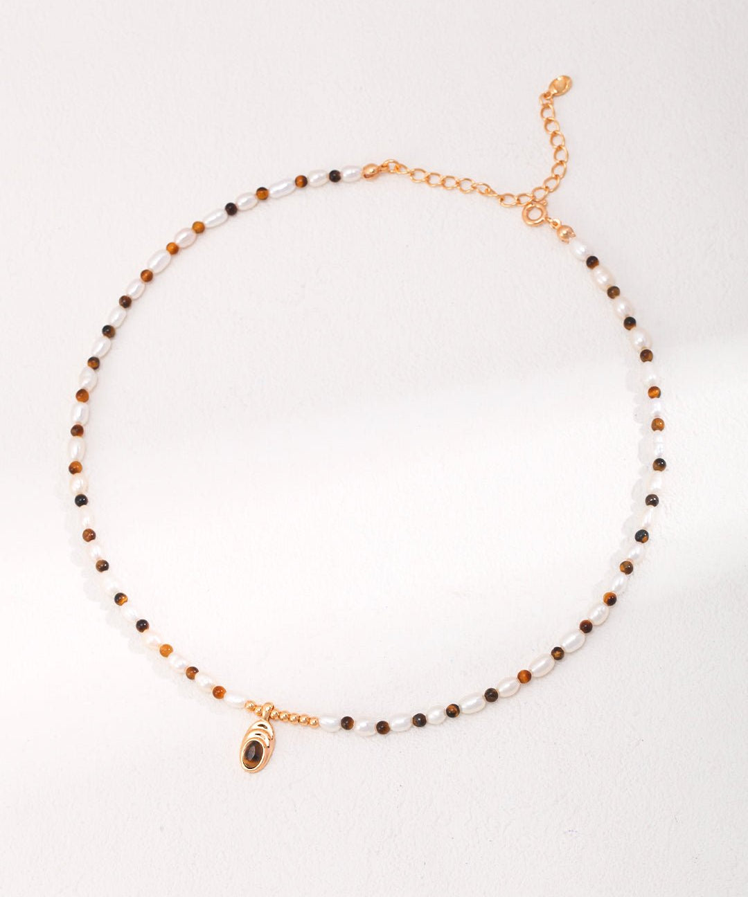 Caramel Chic: Tiger Eye Stone and Pearl Beaded Pendant Necklace - floysun