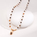 Caramel Chic: Tiger Eye Stone and Pearl Beaded Pendant Necklace - floysun