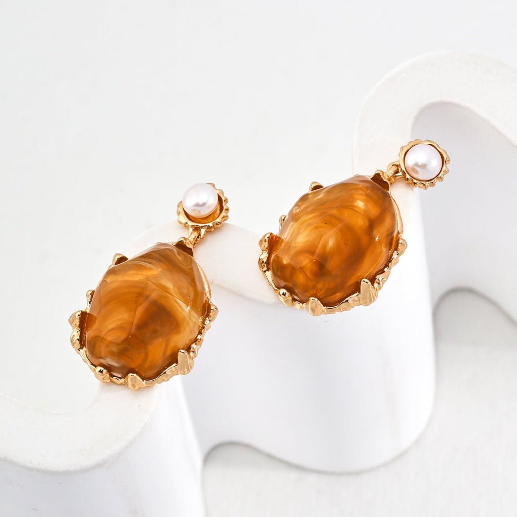 Caramel Pearl Resin Stone Drop Earrings - floysun