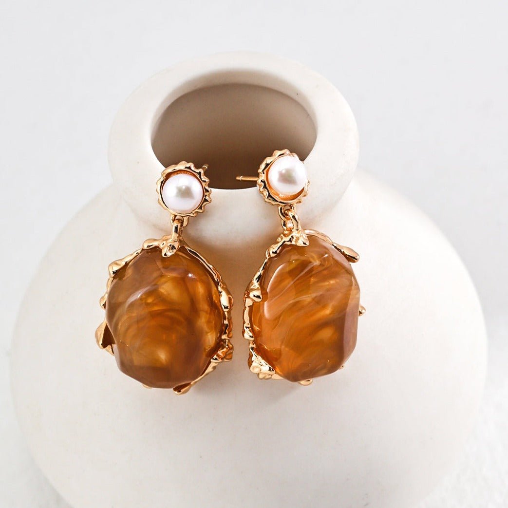Caramel Pearl Resin Stone Drop Earrings - floysun
