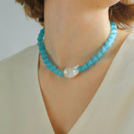 Cat's Eye Stone Baroque Pearl Collar Necklace - Blue - floysun