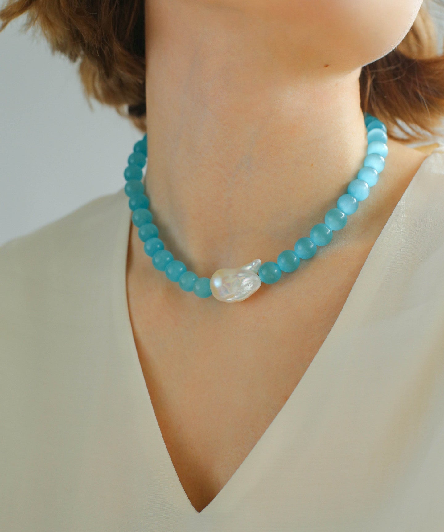 Cat's Eye Stone Baroque Pearl Collar Necklace - Blue - floysun