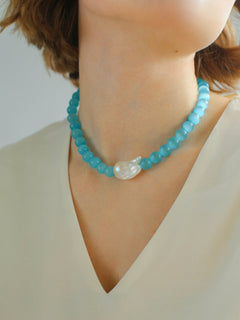 Cat's Eye Stone Baroque Pearl Collar Necklace - Blue - floysun