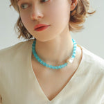 Cat's Eye Stone Baroque Pearl Collar Necklace - Blue - floysun