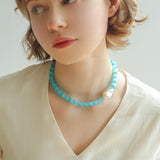 Cat's Eye Stone Baroque Pearl Collar Necklace - Blue - floysun