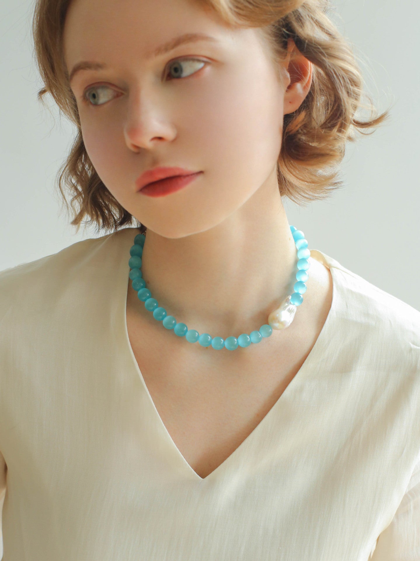 Cat's Eye Stone Baroque Pearl Collar Necklace - Blue - floysun