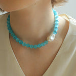 Cat's Eye Stone Baroque Pearl Collar Necklace - Blue - floysun