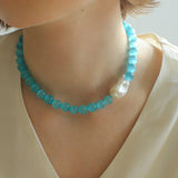 Cat's Eye Stone Baroque Pearl Collar Necklace - Blue - floysun