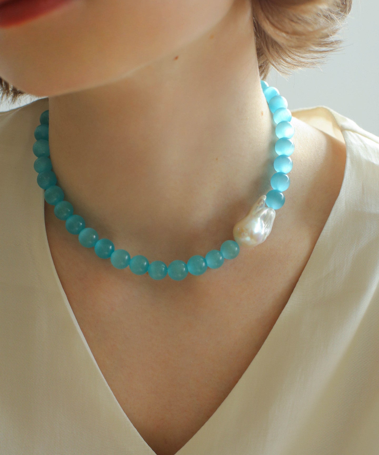 Cat's Eye Stone Baroque Pearl Collar Necklace - Blue - floysun