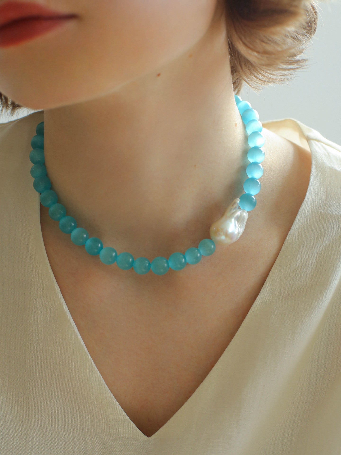 Cat's Eye Stone Baroque Pearl Collar Necklace - Blue - floysun