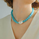 Cat's Eye Stone Baroque Pearl Collar Necklace - Blue - floysun