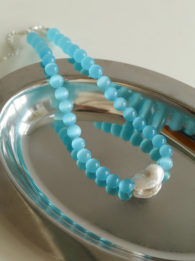 Cat's Eye Stone Baroque Pearl Collar Necklace - Blue - floysun