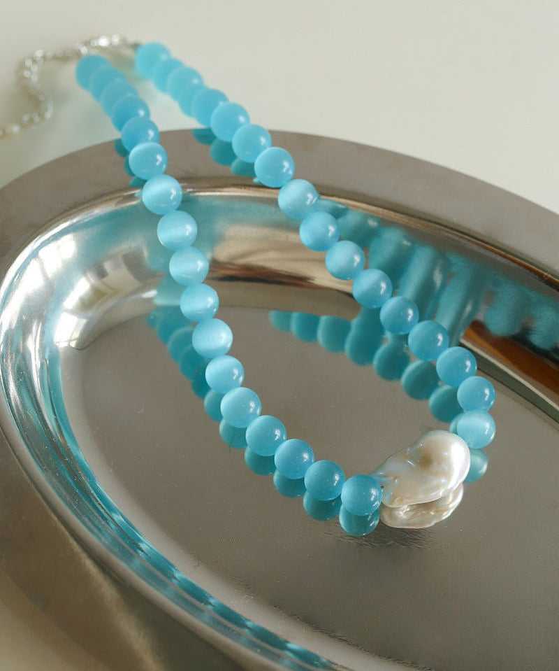 Cat's Eye Stone Baroque Pearl Collar Necklace - Blue - floysun