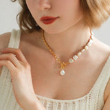 Chain Stitching Square Baroque Pearl Y Shaped Necklace - floysun