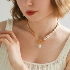 Chain Stitching Square Baroque Pearl Y Shaped Necklace - floysun