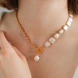 Chain Stitching Square Baroque Pearl Y Shaped Necklace - floysun