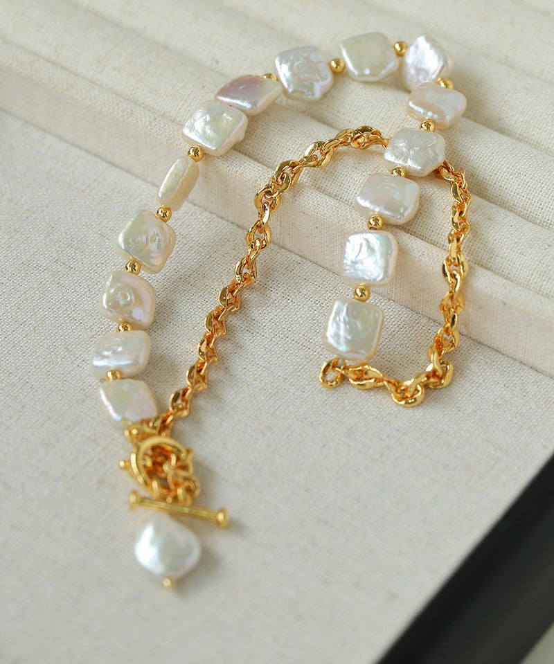 Chain Stitching Square Baroque Pearl Y Shaped Necklace - floysun