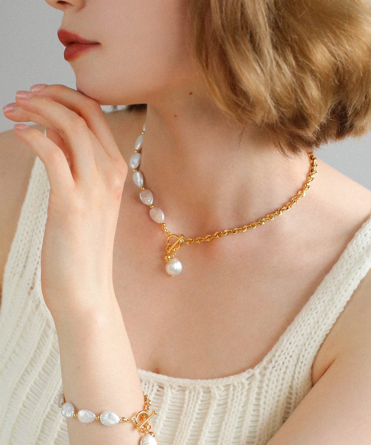 Chain Stitching Teardrop Baroque Pearl Y Shaped Necklace - floysun