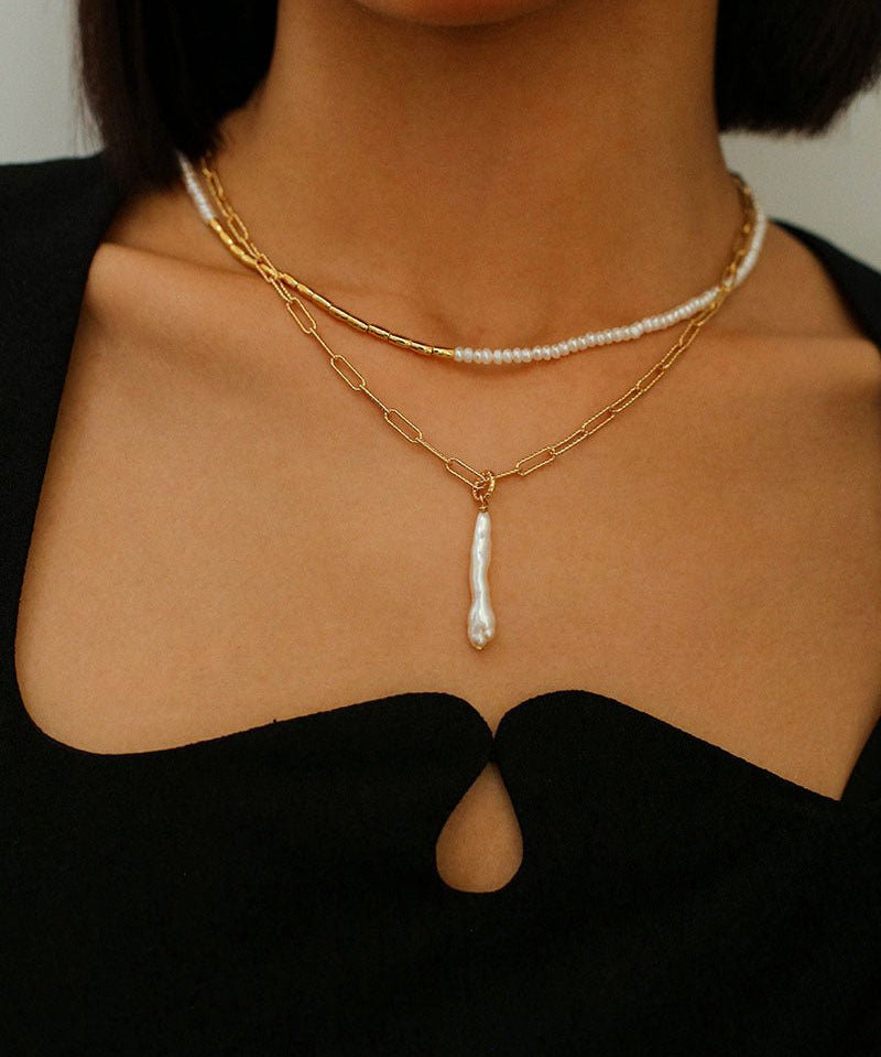 Chain Toothpick Baroque Pearl Pendants Necklaces - floysun