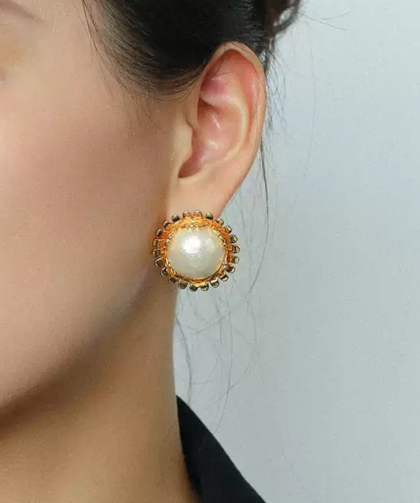 Chanel - Inspired Sunflower Cotton Pearl Stud Earrings - floysun